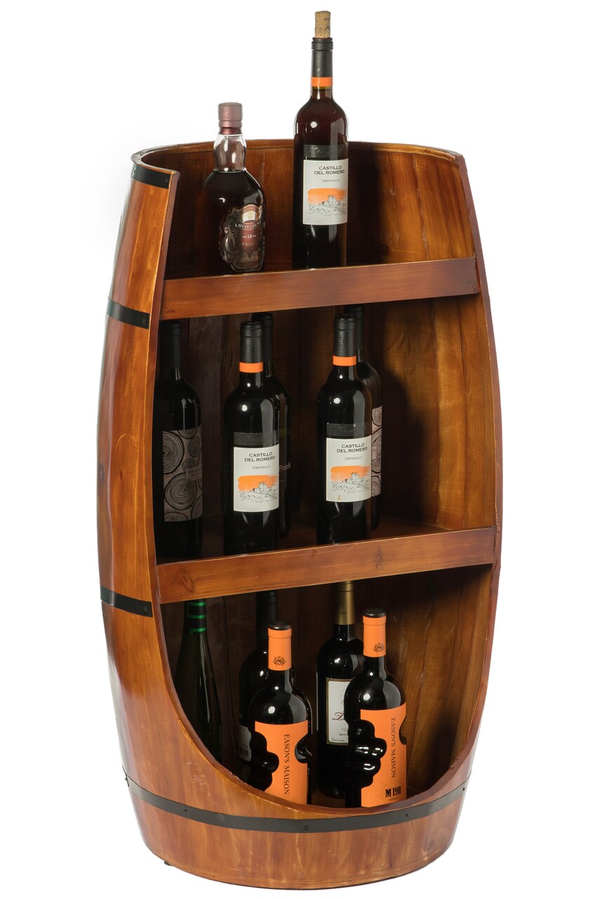 Freestanding Rustic Wooden Wine Barrel Storage - Wine Bottle Holder and Organizer Ideal for Home Decor, Bar Display, Cellar Accessories, and Dining or Living Room Decorative Wine Shelf